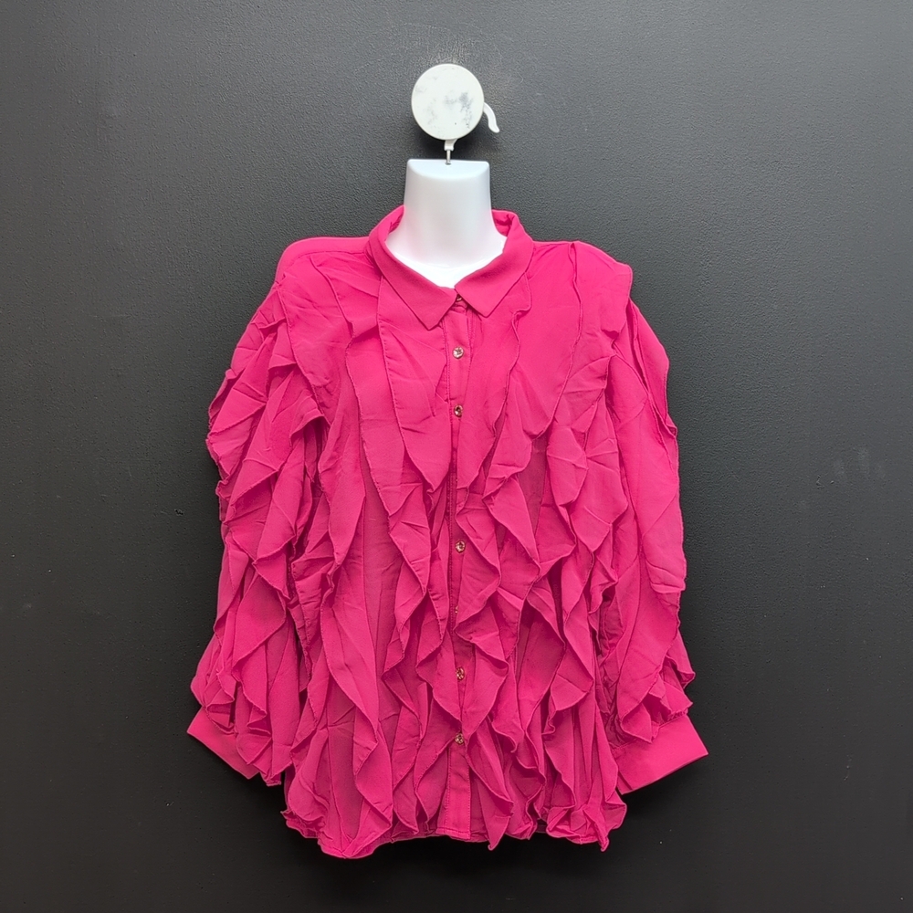Ashley Stewart Ruffled  Button Up Women's Blouse 14/16 Pink